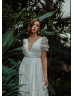 Short Sleeves Ivory 3D Lace Tulle Wedding Dress With Beaded Sash